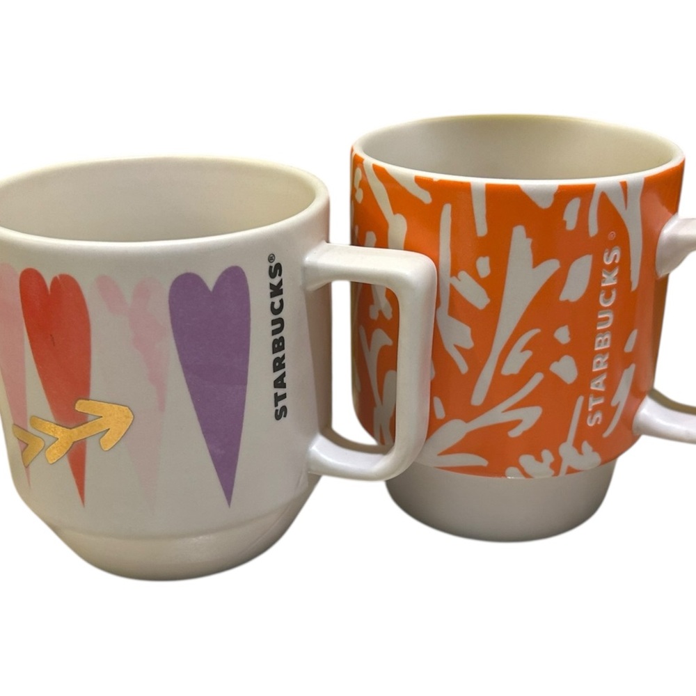 Set of Two Starbucks Stackable Hearts and Orange Floral Mugs 2016